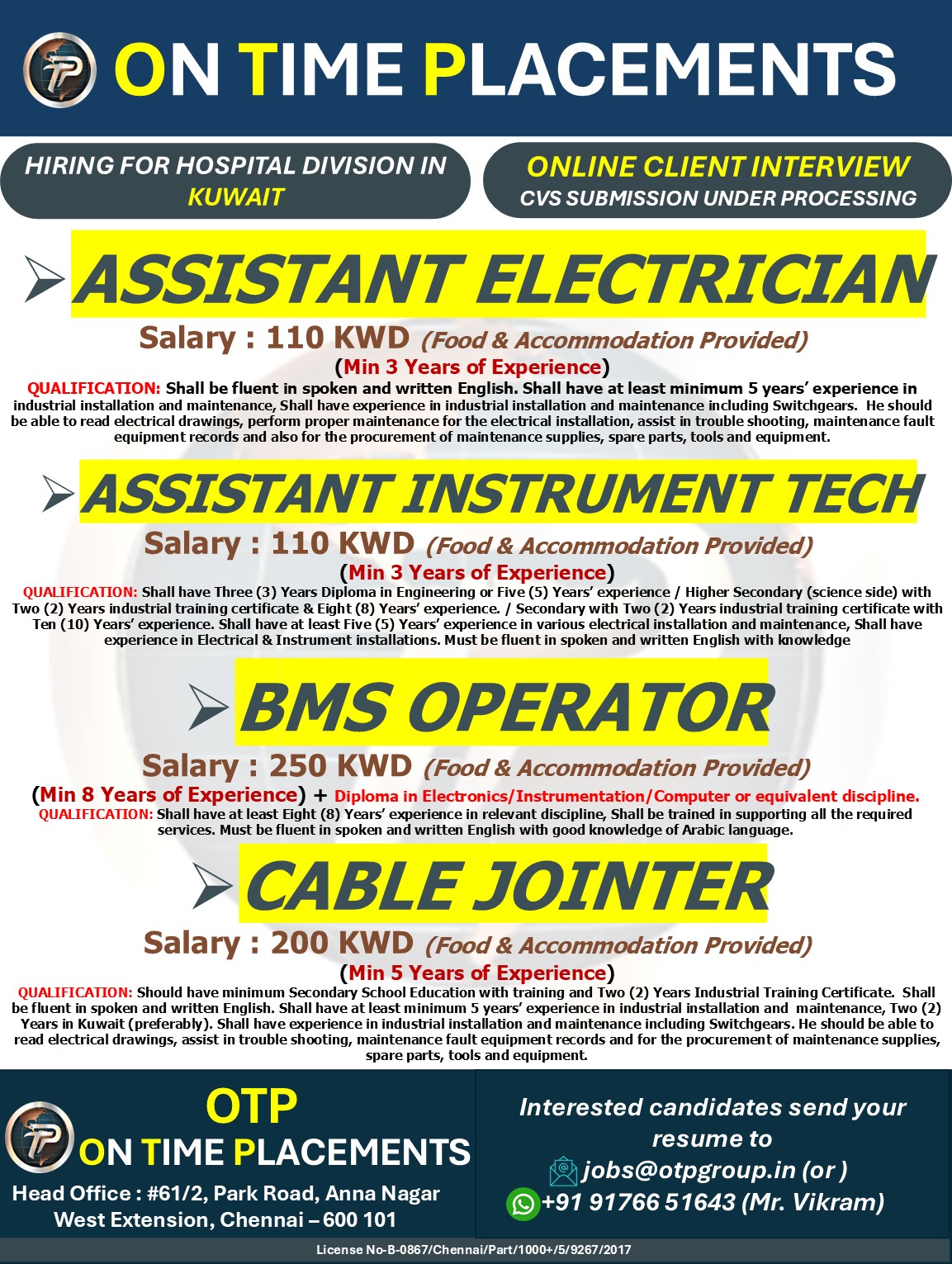 Kuwait Hospital Division Jobs 2026 – Assistant Electrician, Instrument Technician, BMS Operator & Cable Jointer
