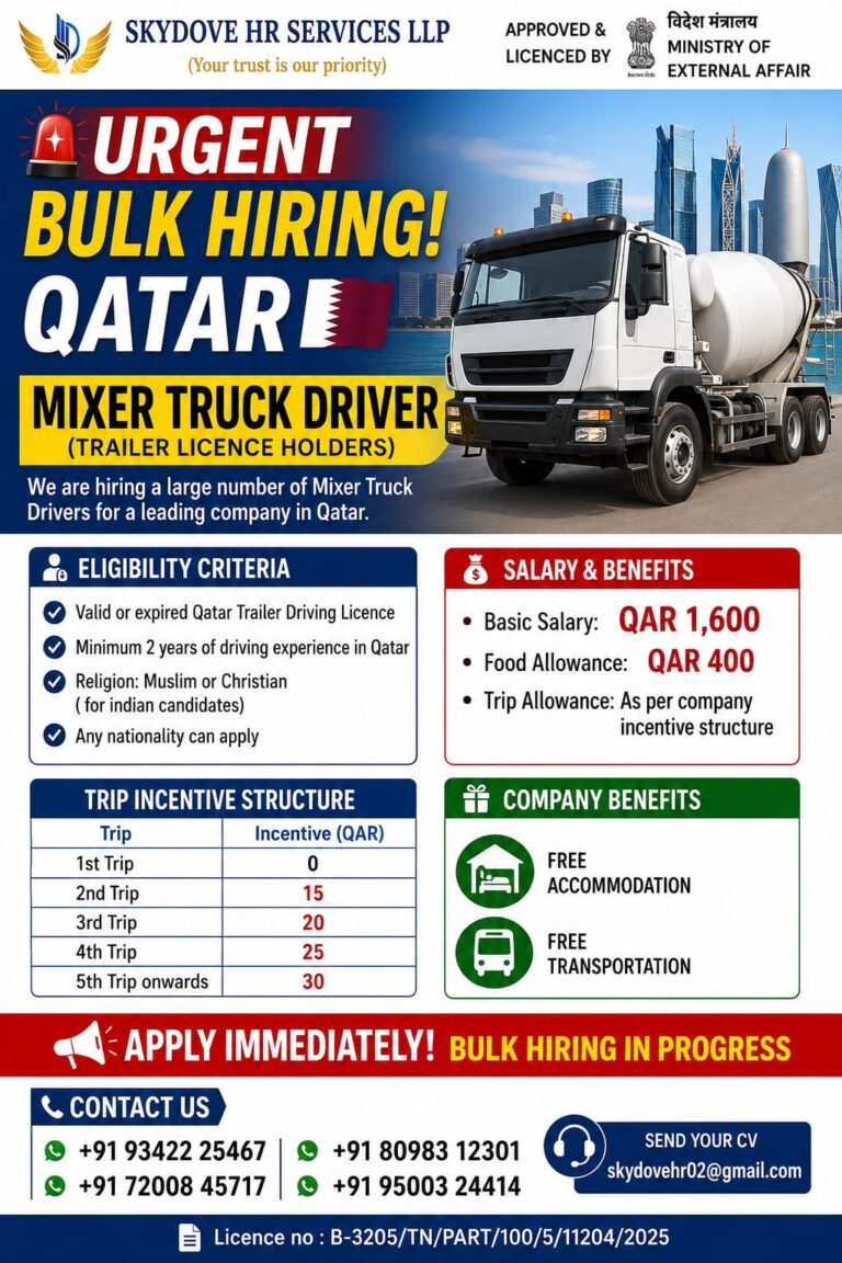 Mixer Truck Driver Jobs in Qatar 2026 – Bulk Hiring | Free Accommodation & Transportation