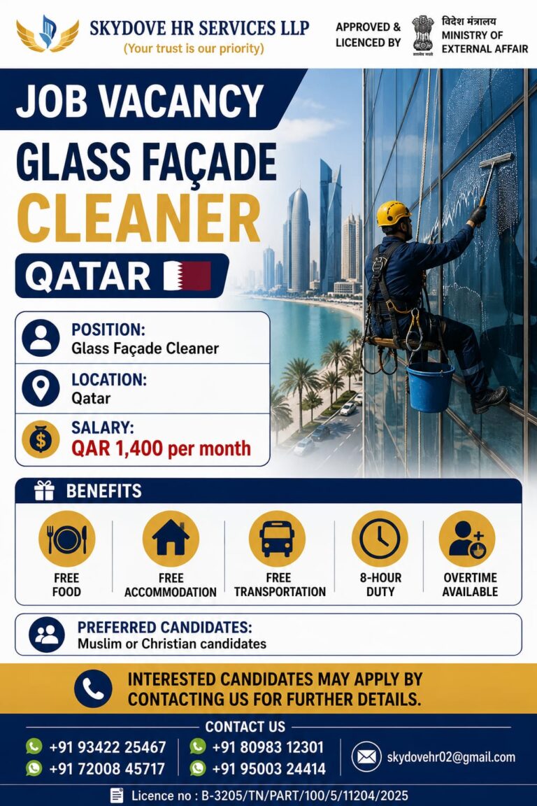 Glass Façade Cleaner Jobs in Qatar 2026 – Apply Now | Free Food, Accommodation & Transportation