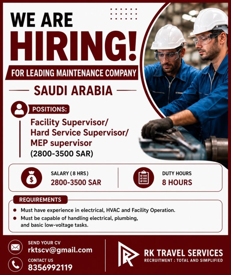 Facility Supervisor / Hard Service Supervisor / MEP Supervisor Jobs in Saudi Arabia | Apply Now