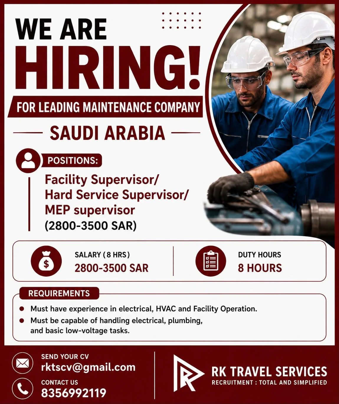 Facility Supervisor / Hard Service Supervisor / MEP Supervisor Jobs in Saudi Arabia | Apply Now