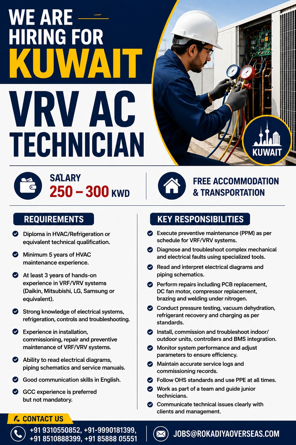 VRV AC Technician Jobs in Kuwait 2026 – Salary Up to 300 KWD | Free Accommodation & Transportation