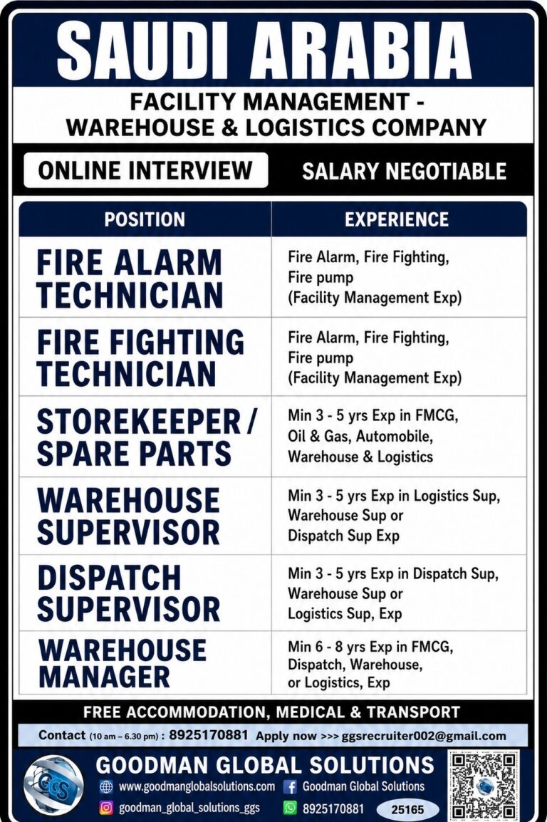 Saudi Arabia Facility Management & Warehouse Company Recruitment 2026 – Multiple Vacancies | Online Interview