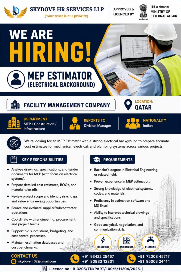 Junior Electrical Engineer Jobs in Qatar 2026 – Apply Through Skydove HR Services LLP