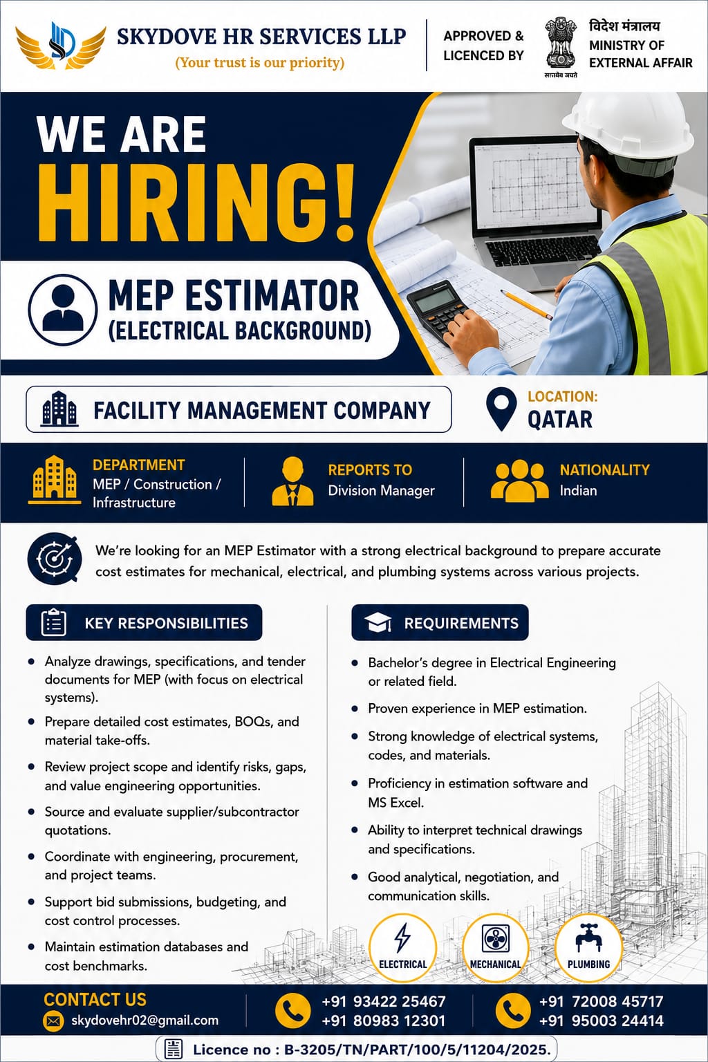 MEP Estimator (Electrical Background) Jobs in Qatar 2026 – Apply Now