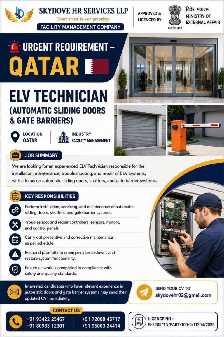 ELV Technician Jobs in Qatar 2026 – Automatic Sliding Doors & Gate Barriers | Apply Now