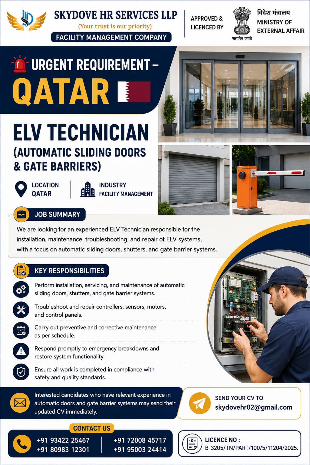 ELV Technician Jobs in Qatar 2026 – Automatic Sliding Doors & Gate Barriers | Apply Now
