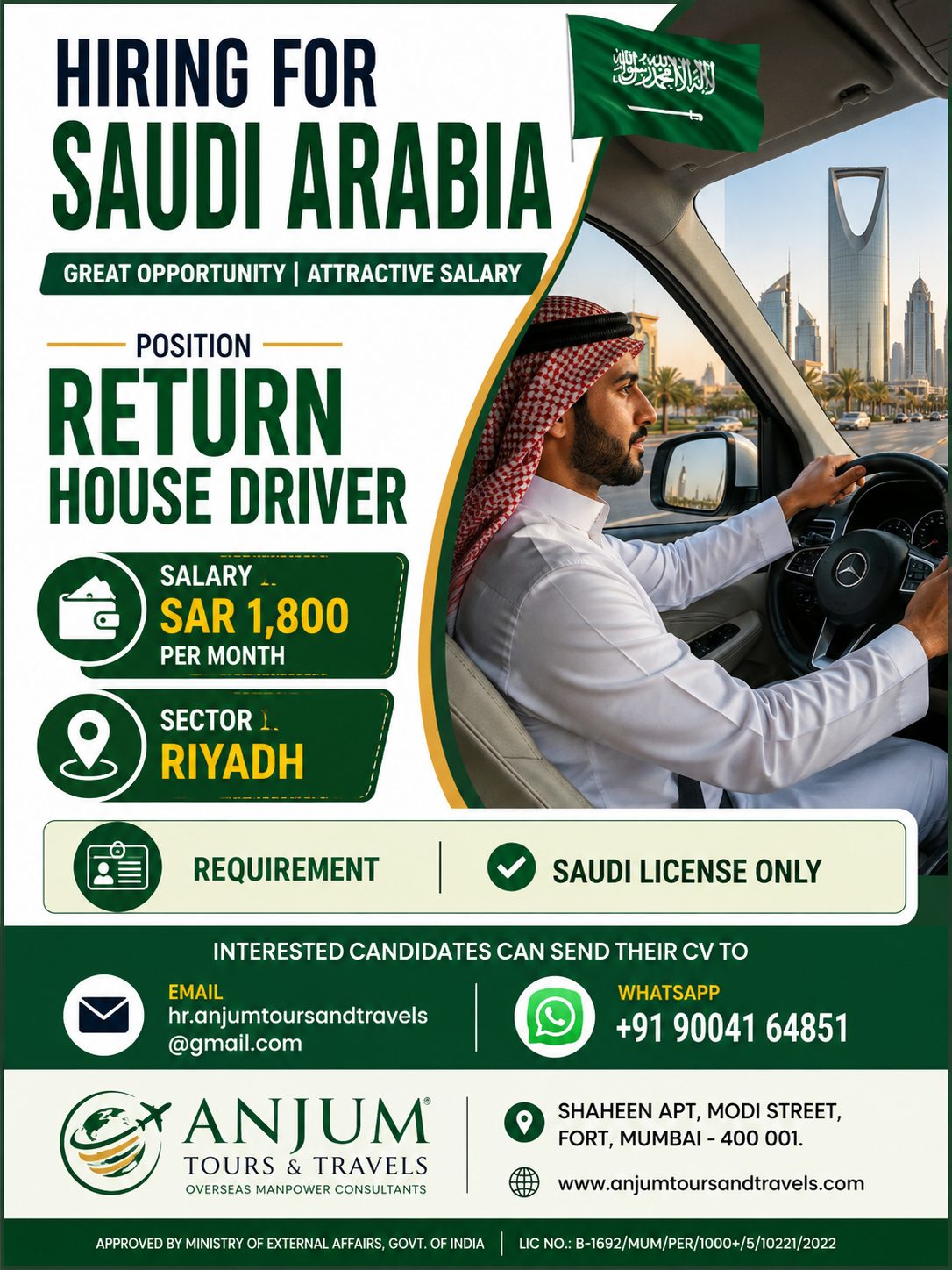Return House Driver Jobs in Saudi Arabia – Riyadh | Salary SAR 1,800 | Apply Now