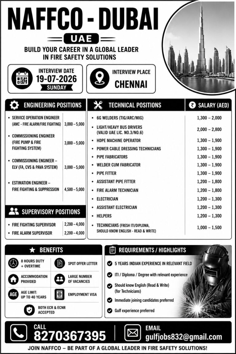 NAFFCO Dubai UAE Recruitment 2026 – Chennai Interview | Engineers, Technicians, Drivers & Supervisors