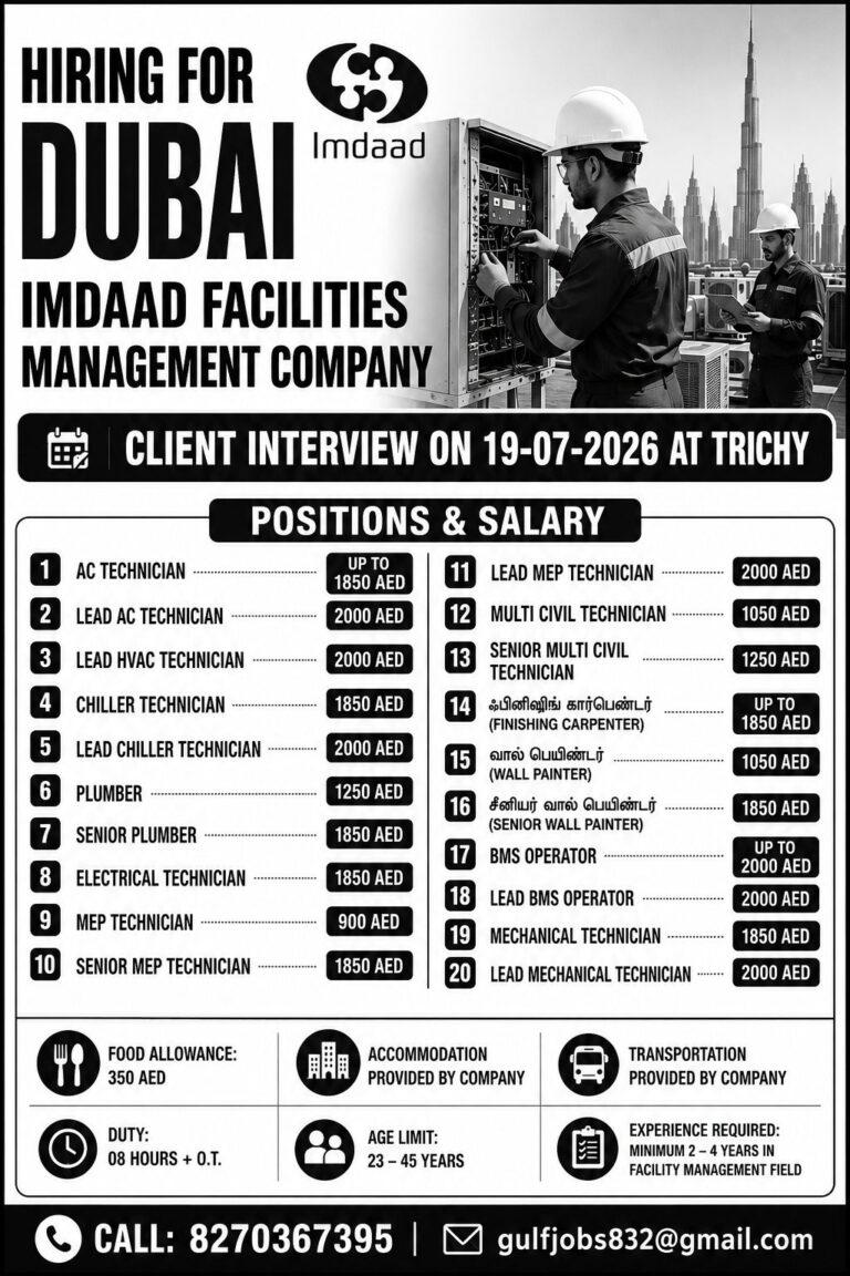 Imdaad Facilities Management Company Dubai Recruitment 2026 – Client Interview on 19 July 2026 at Trichy