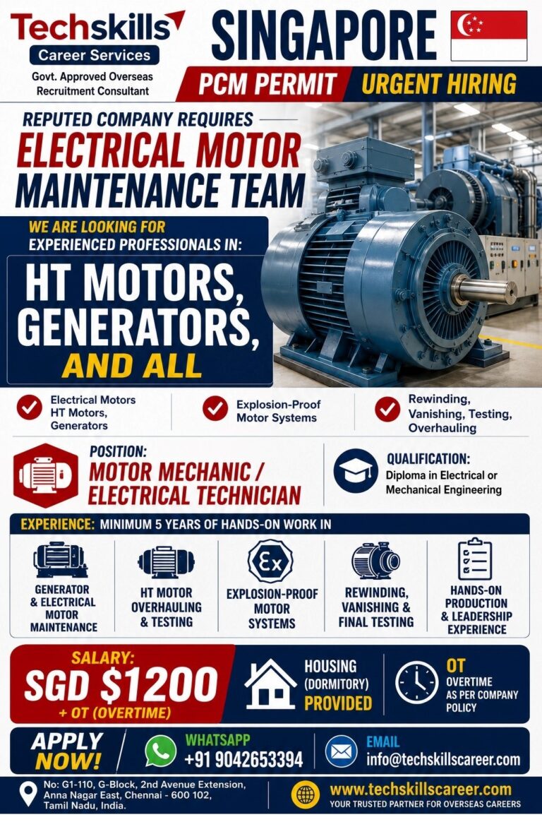 Electrical Motor Maintenance Team Jobs in Singapore 2026 | PCM Permit | Apply Now