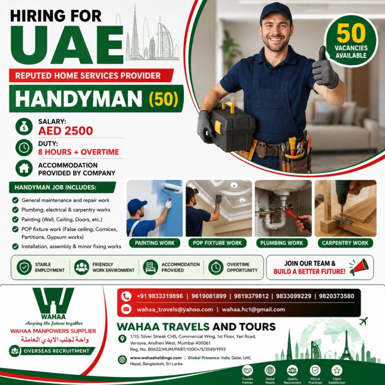 Handyman Jobs in UAE 2026 – 50 Vacancies | Salary AED 2500 + Overtime