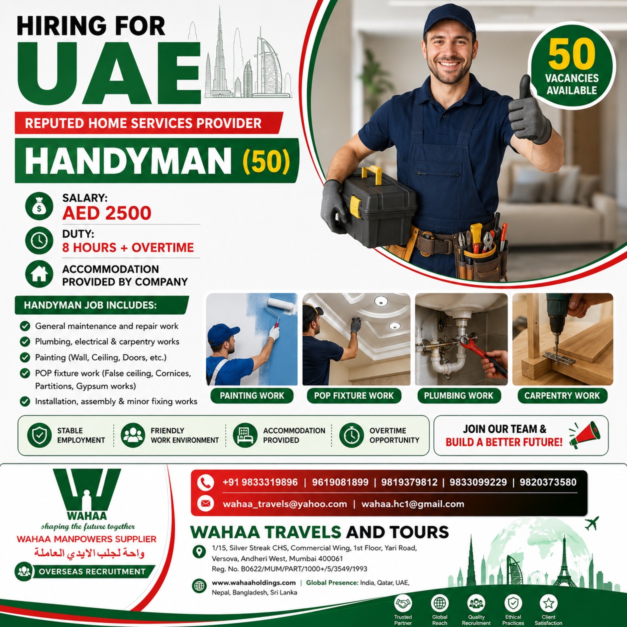 Handyman Jobs in UAE 2026 – 50 Vacancies | Salary AED 2500 + Overtime