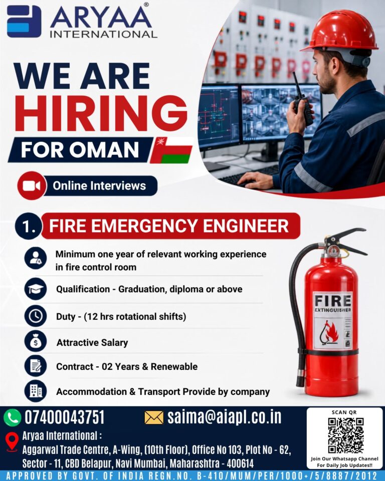 Fire Emergency Engineer Jobs in Oman 2026 – Online Interview | Aryaa International Recruitment