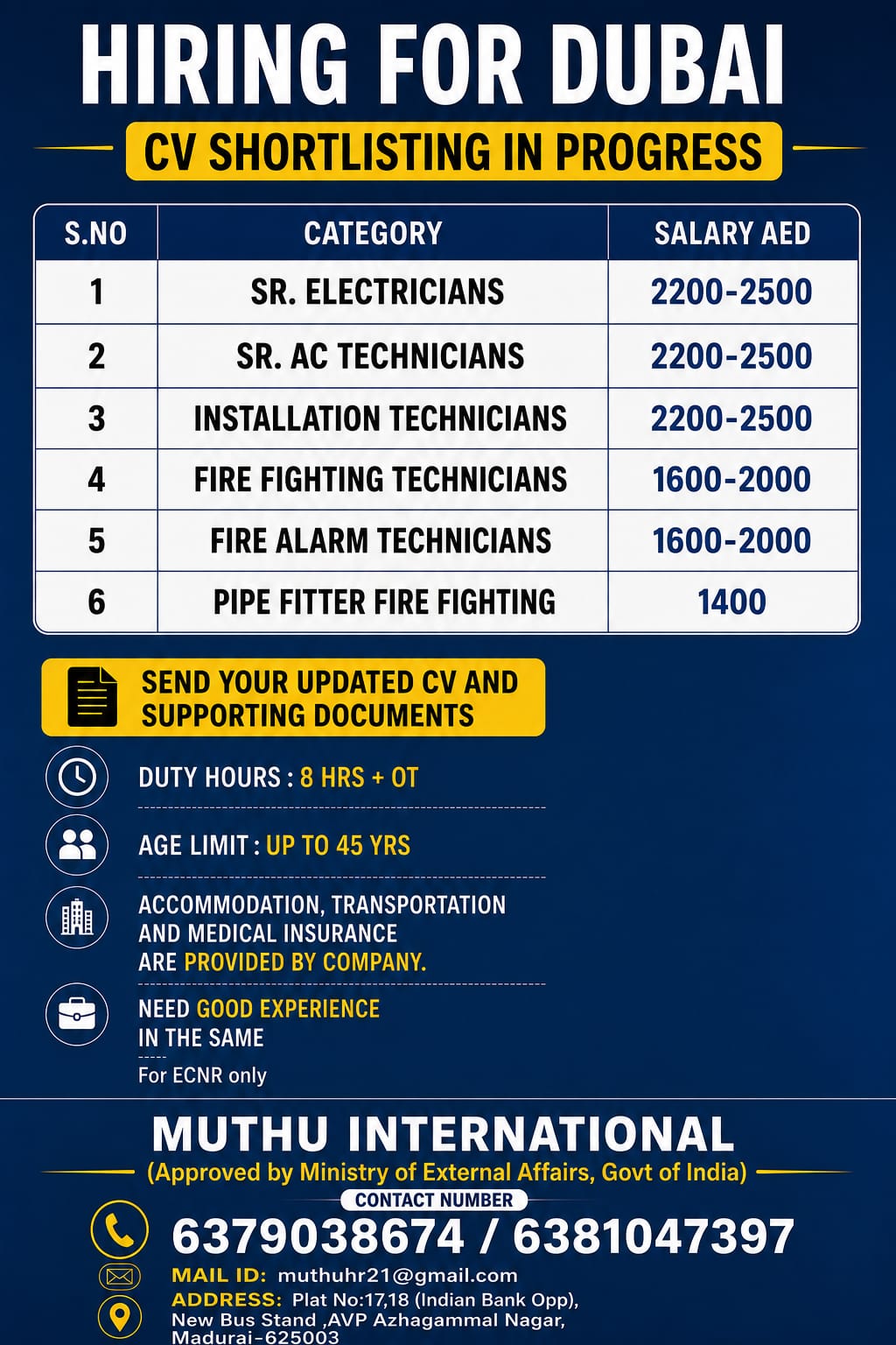 Dubai Hiring 2026 – Electricians, AC Technicians, Fire Fighting & Fire Alarm Technicians | Apply Now
