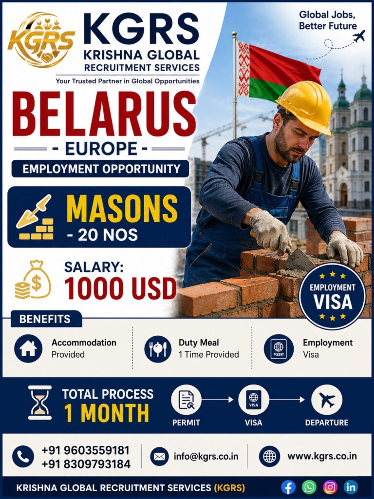 Masons Jobs in Belarus 2026 – 20 Vacancies | Salary 1000 USD | KGRS Recruitment