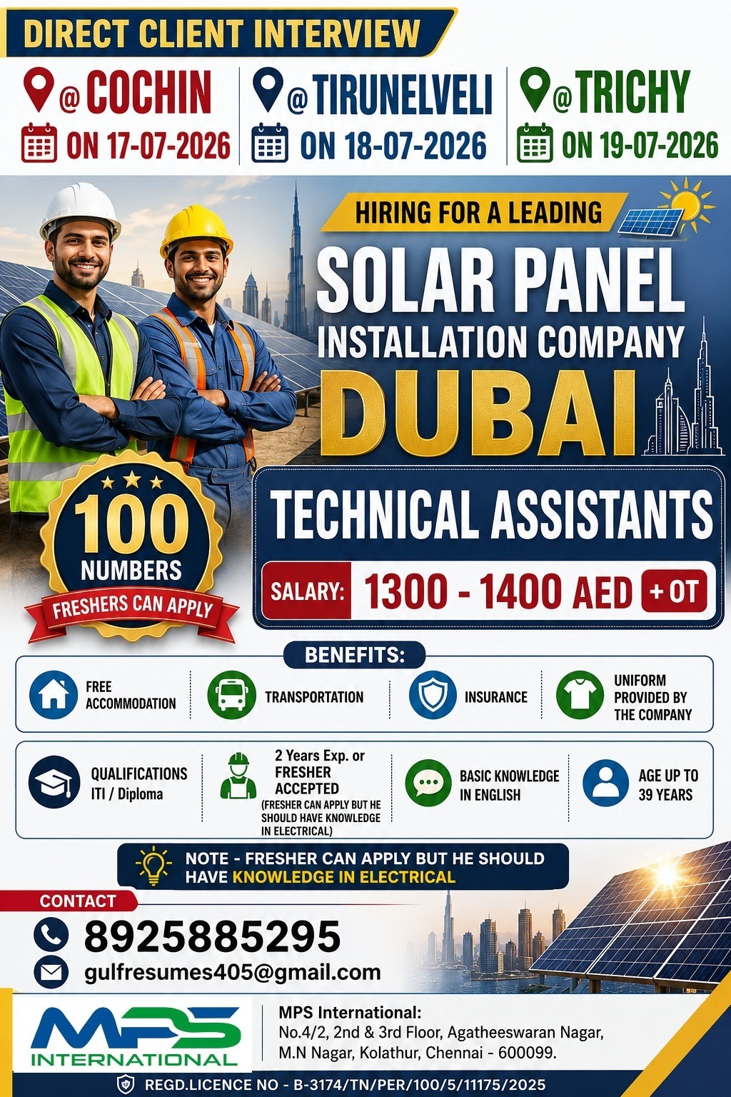 Technical Assistant Jobs in Dubai – Direct Client Interview | Freshers Can Apply | Salary Up to 1400 AED + OT