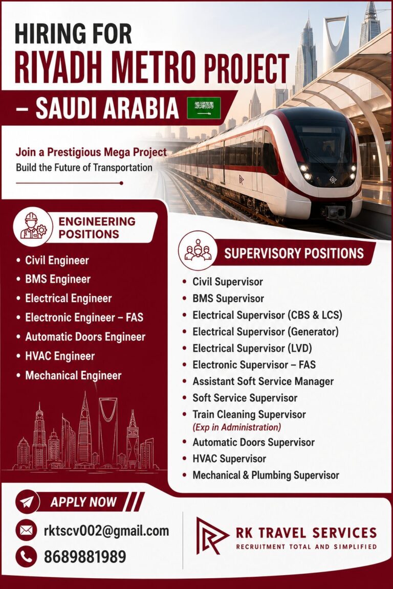 Riyadh Metro Project Saudi Arabia Hiring 2026 – Engineering & Supervisory Jobs | Apply Now