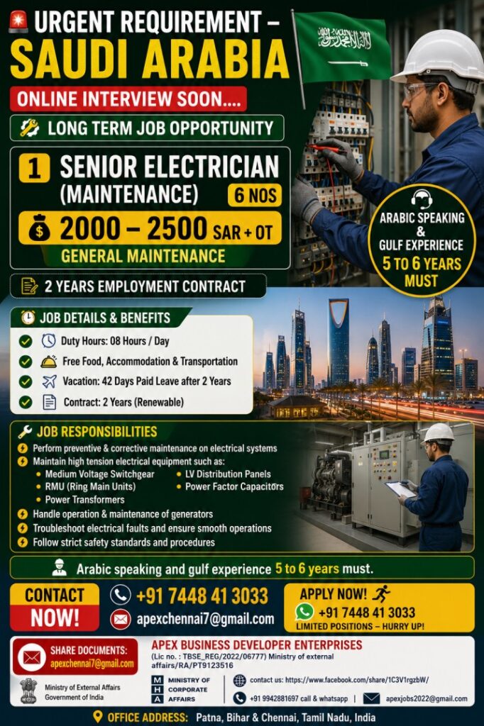 Senior Electrician (Maintenance) Jobs in Saudi Arabia – Online Interview | Salary 2000–2500 SAR + OT