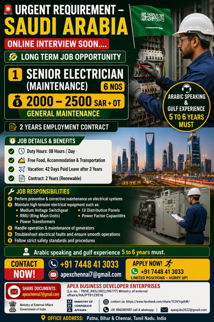 Senior Electrician (Maintenance) Jobs in Saudi Arabia – Online Interview | Salary 2000–2500 SAR + OT
