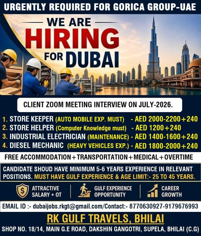 Gorica Group UAE Jobs 2026 – Store Keeper, Store Helper, Electrician & Diesel Mechanic Vacancies