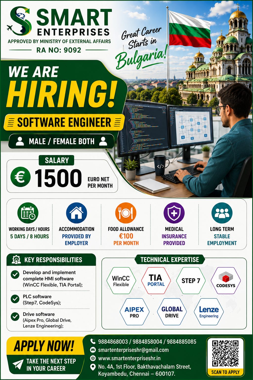 Software Engineer Jobs in Bulgaria 2026 – €1,500 Net Salary | Apply Through Smart Enterprises