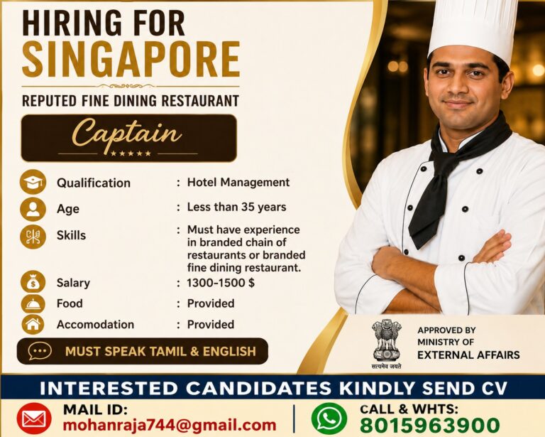 Captain Jobs in Singapore 2026 – Fine Dining Restaurant Hiring | Salary up to $1,500