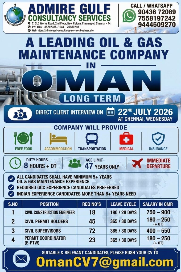 Oman Oil & Gas Maintenance Company Hiring 2026 – Long-Term Jobs | Direct Client Interview