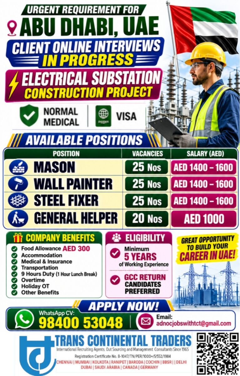 Abu Dhabi Electrical Substation Construction Project Jobs 2026 – Online Client Interview | Mason, Wall Painter, Steel Fixer & General Helper Vacancies