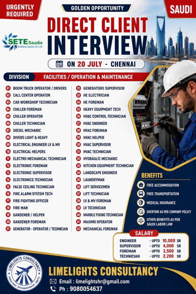 SETE Saudia Direct Client Interview 2026 | Saudi Arabia Facility Maintenance Jobs | Chennai Interview on 20 July