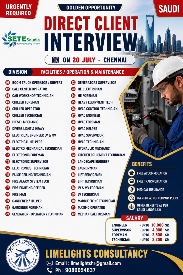 SETE Saudia Direct Client Interview 2026 | Saudi Arabia Facility Maintenance Jobs | Chennai Interview on 20 July