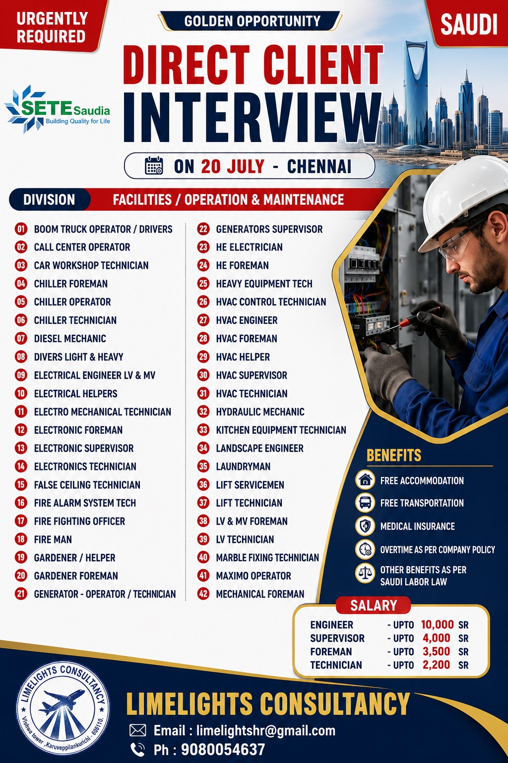 SETE Saudia Direct Client Interview 2026 | Saudi Arabia Facility Maintenance Jobs | Chennai Interview on 20 July