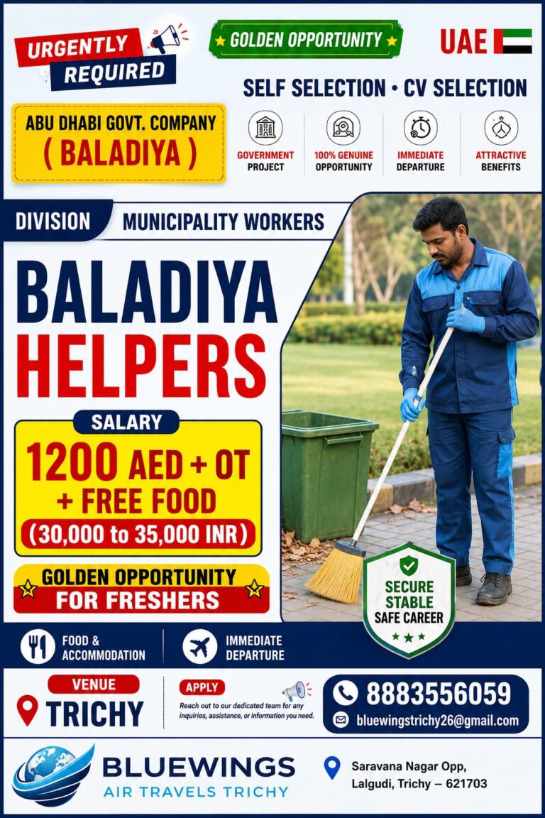 Abu Dhabi Government Company (Baladiya) Helper Jobs 2026 – Freshers Can Apply | Salary 1200 AED + OT + Free Food
