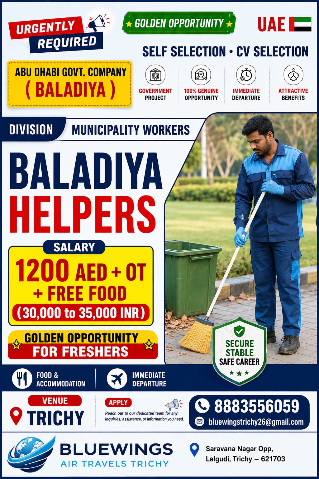Abu Dhabi Government Company (Baladiya) Helper Jobs 2026 – Freshers Can Apply | Salary 1200 AED + OT + Free Food