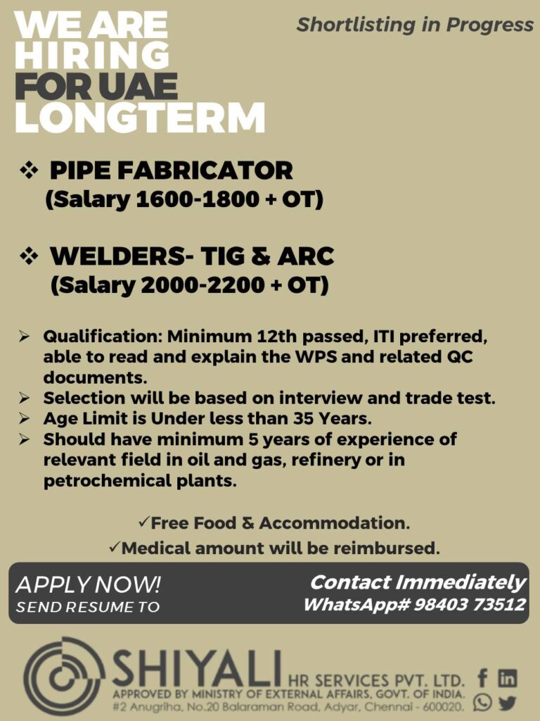 UAE Long-Term Job Openings 2026 – Pipe Fabricator & TIG/ARC Welders | Free Food & Accommodation