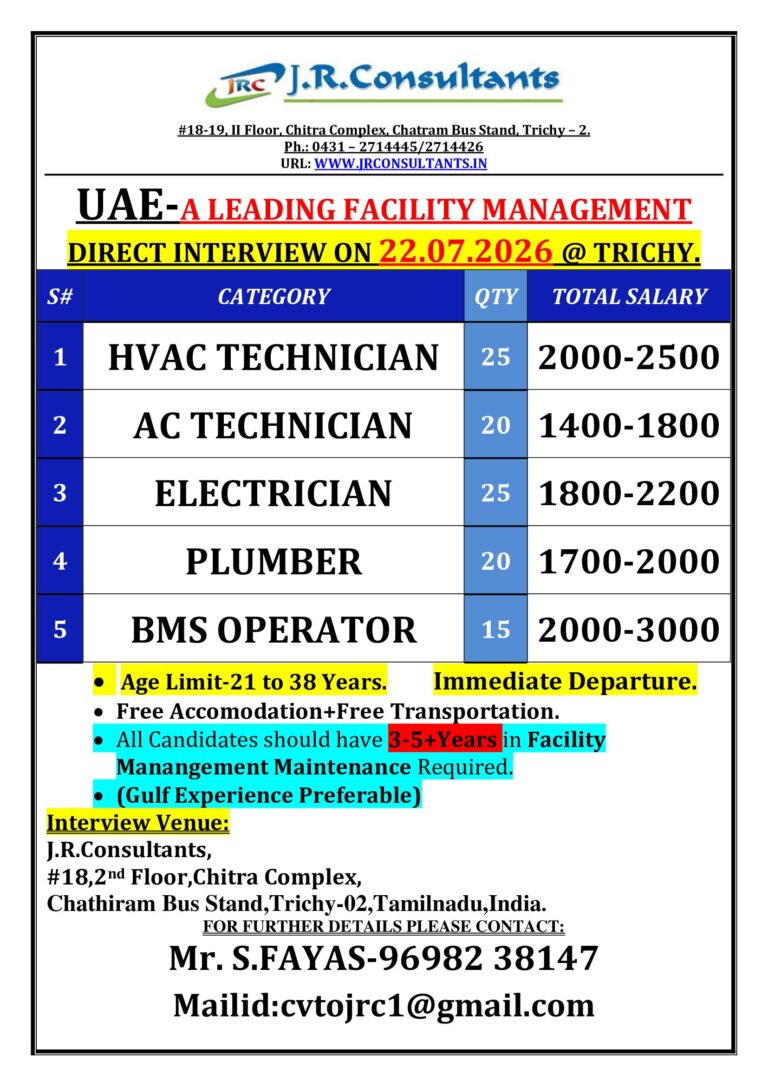 UAE Leading Facility Management Jobs 2026 – Direct Interview in Trichy | HVAC, AC Technician, Electrician & More