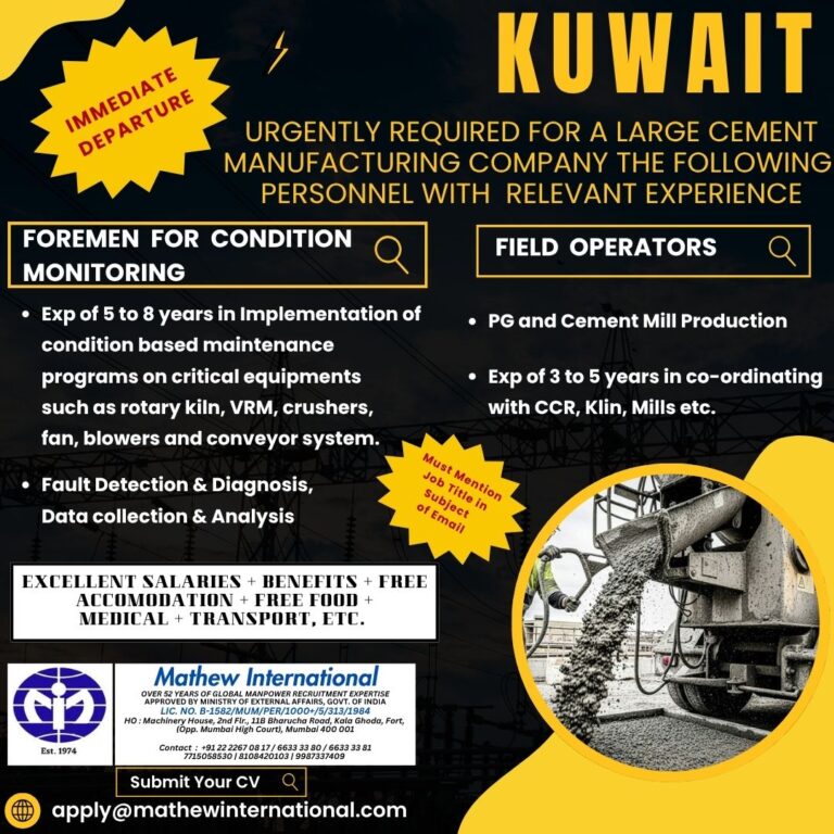 Kuwait Cement Manufacturing Company Jobs 2026 – Immediate Departure | Apply Now
