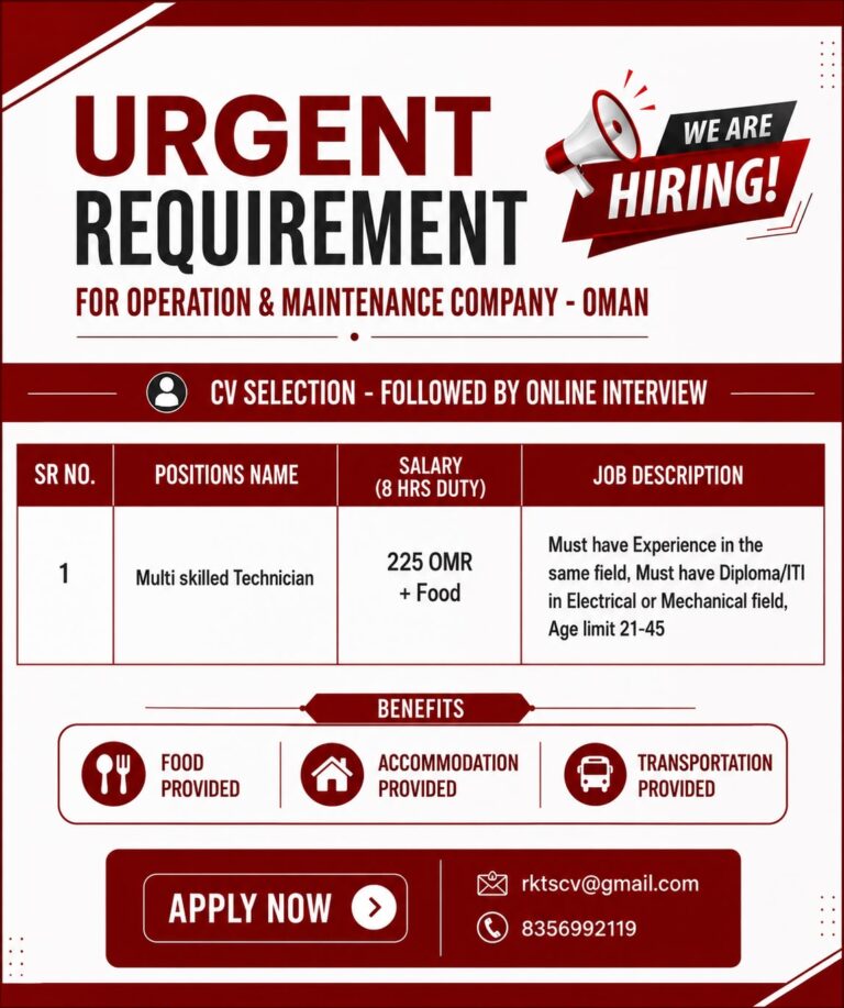 Recruitment Disclaimer – Important Notice for Job Seekers Before applying, please read the job advertisement carefully to understand the vacancies, required qualifications, and experience. Avoid making any advance payments to recruiters. Any payments should only be made after visa processing is confirmed.Jobs Our platform is not directly involved in recruitment or selection. We strongly recommend applicants to verify the authenticity of recruiters and check the credibility of prospective employers before making financial transactions. This recruitment disclaimer is provided to ensure transparency and safeguard job seekers from fraudulent activitie