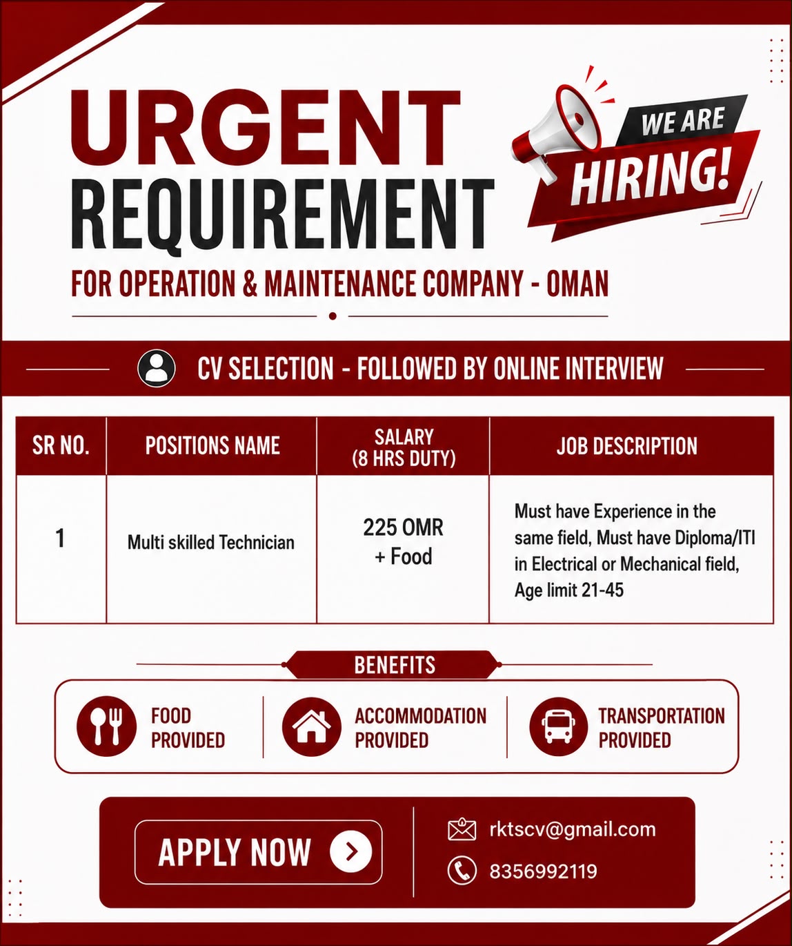 Recruitment Disclaimer – Important Notice for Job Seekers Before applying, please read the job advertisement carefully to understand the vacancies, required qualifications, and experience. Avoid making any advance payments to recruiters. Any payments should only be made after visa processing is confirmed.Jobs Our platform is not directly involved in recruitment or selection. We strongly recommend applicants to verify the authenticity of recruiters and check the credibility of prospective employers before making financial transactions. This recruitment disclaimer is provided to ensure transparency and safeguard job seekers from fraudulent activitie