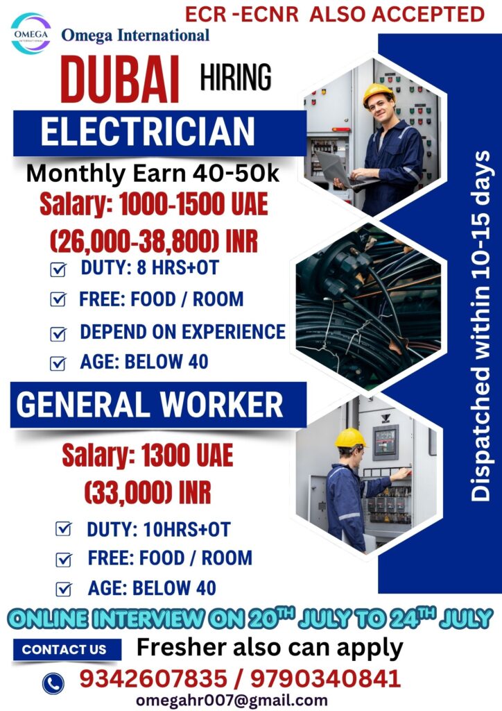 Dubai Electrician & General Worker Jobs 2026 – Online Interview | Free Food & Accommodation 1 Dubai Electrician & General Worker Jobs 2026 – Online Interview | Free Food & Accommodation