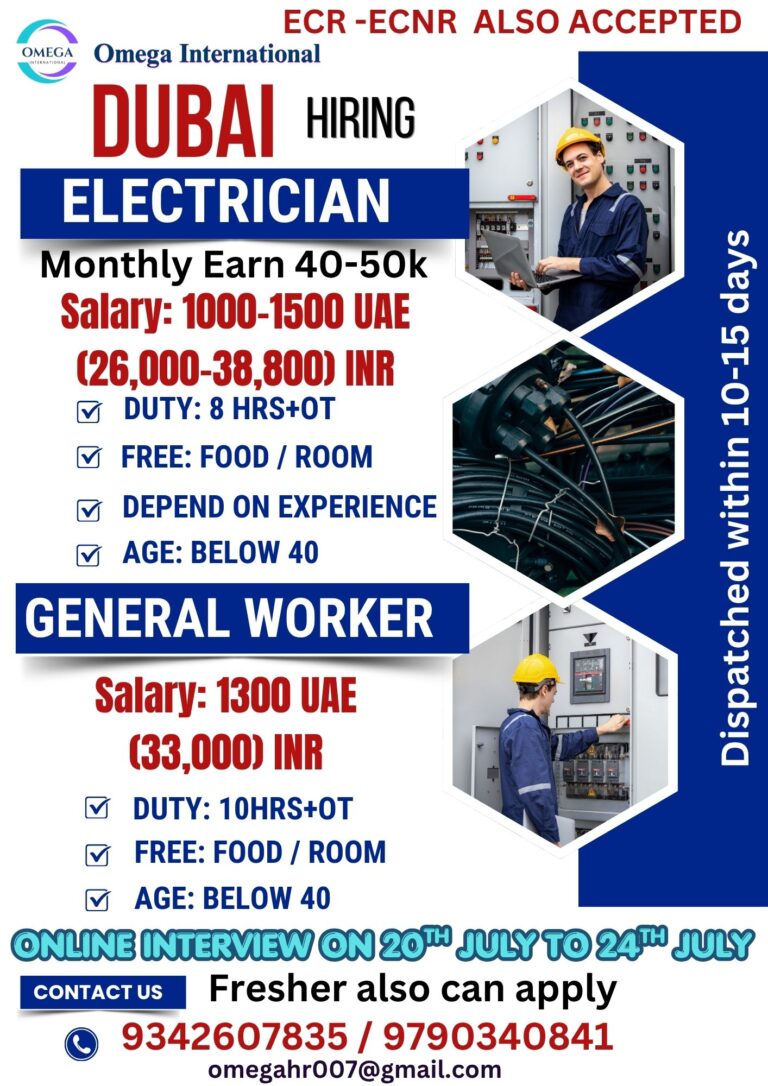 Dubai Electrician & General Worker Jobs 2026 – Online Interview | Free Food & Accommodation