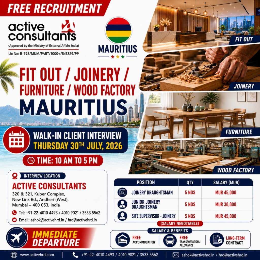 Mauritius Fit Out, Joinery & Wood Factory Jobs 2026 | Free Recruitment | Walk-in Interview on 30 July 1 Mauritius Fit Out, Joinery & Wood Factory Jobs 2026 | Free Recruitment | Walk-in Interview on 30 July