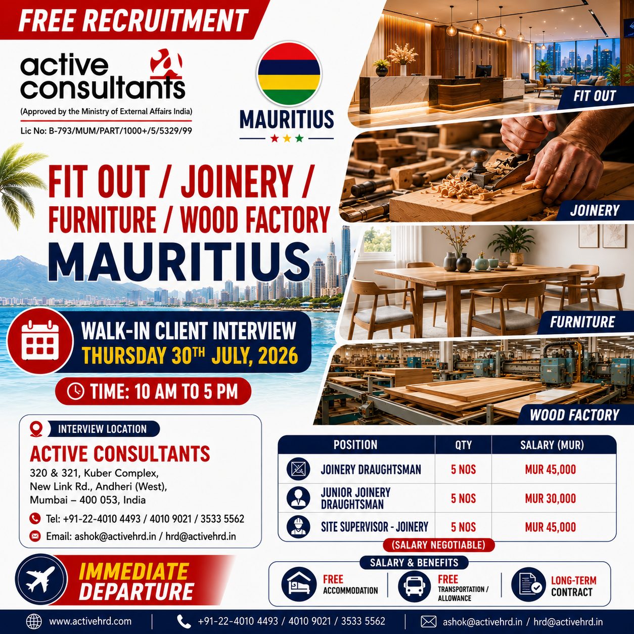 Mauritius Fit Out, Joinery & Wood Factory Jobs 2026 | Free Recruitment | Walk-in Interview on 30 July