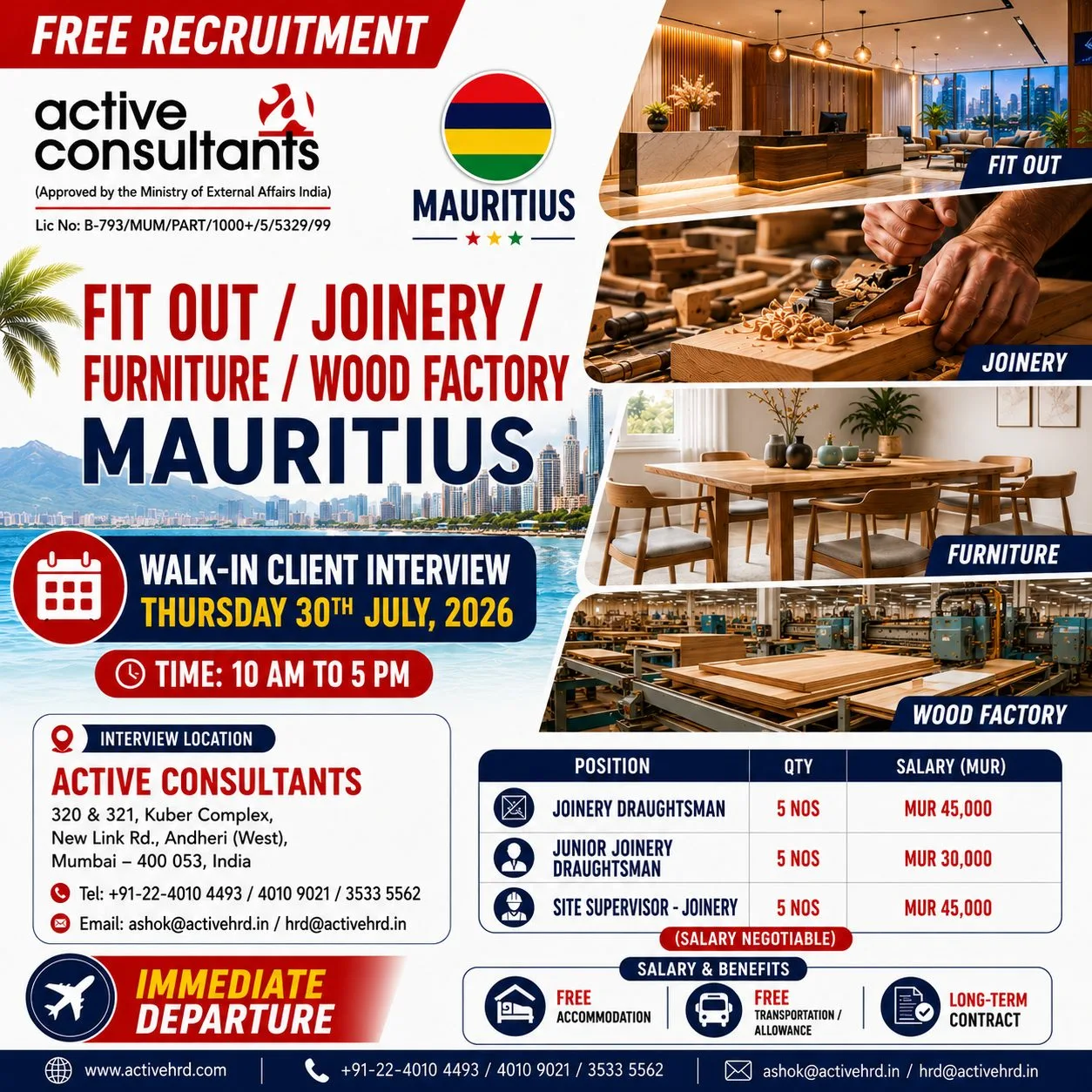 Mauritius Fit Out, Joinery & Wood Factory Jobs 2026 | Free Recruitment | Walk-in Interview on 30 July