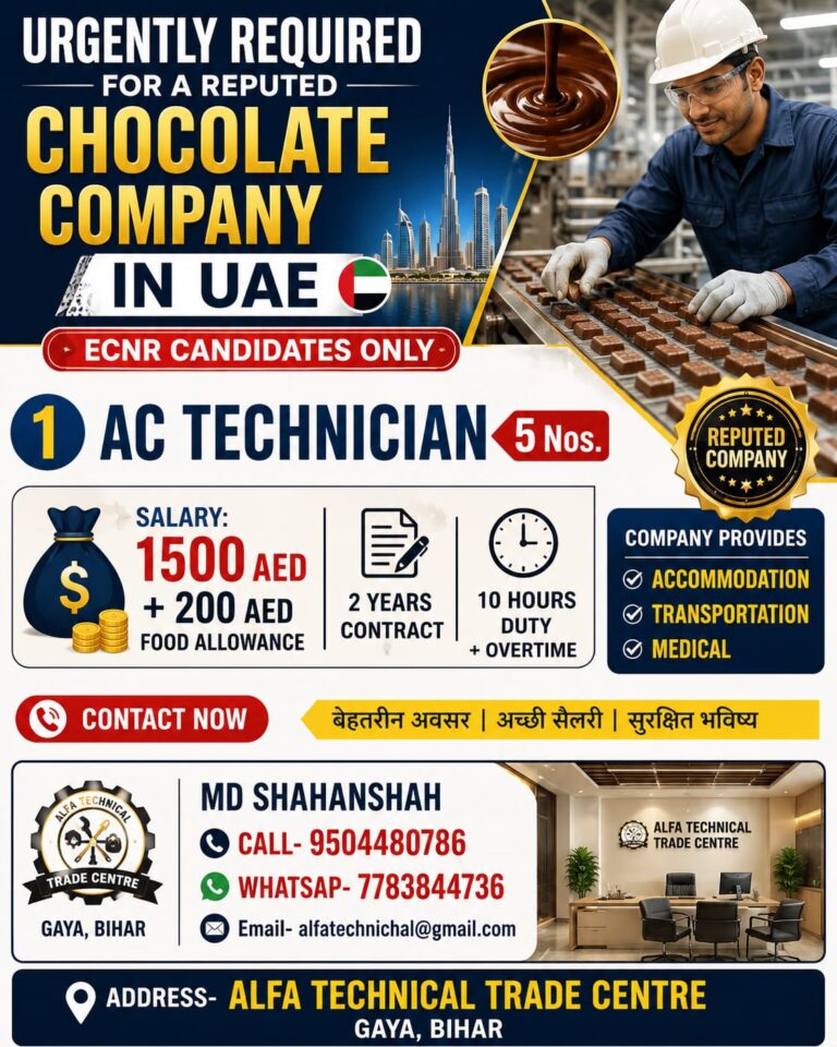 AC Technician Jobs in UAE Chocolate Company 2026 – Apply Now | Salary 1500 AED + Food Allowance