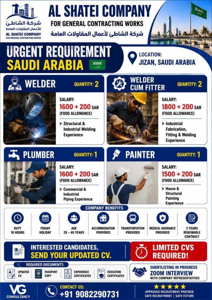 AL SHATEI Company Saudi Arabia Jobs 2026 – Urgent Recruitment for Welders, Plumbers & Painters