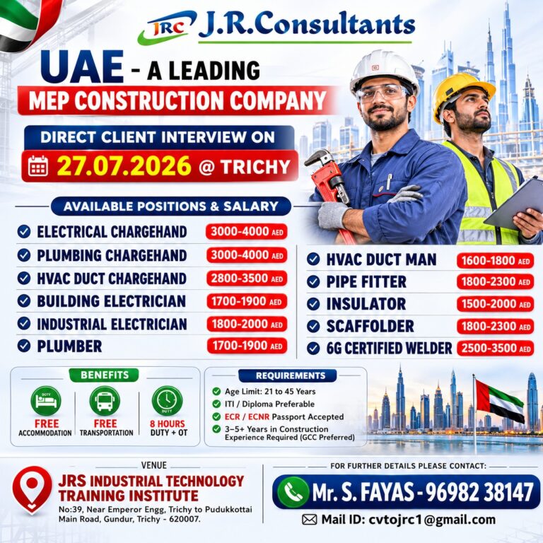 UAE MEP Construction Company Jobs 2026 – Direct Client Interview at Trichy | Free Accommodation & Transportation