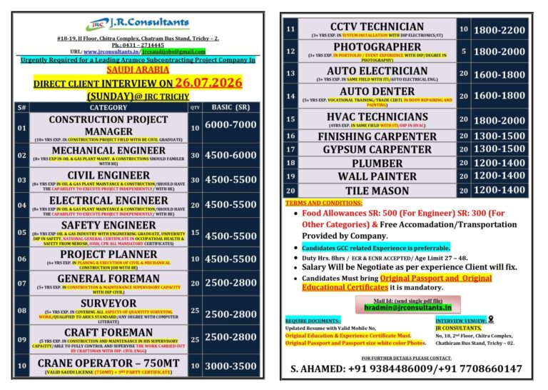 Saudi Arabia Aramco Project Jobs 2026 | Direct Client Interview at Trichy on 26 July