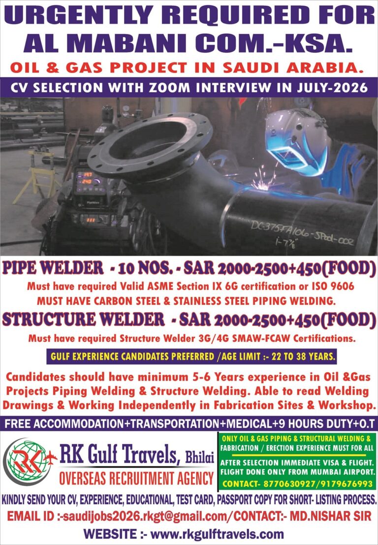 Pipe Welder & Structure Welder Jobs in Saudi Arabia 2026 | Al Mabani Company – Oil & Gas Project