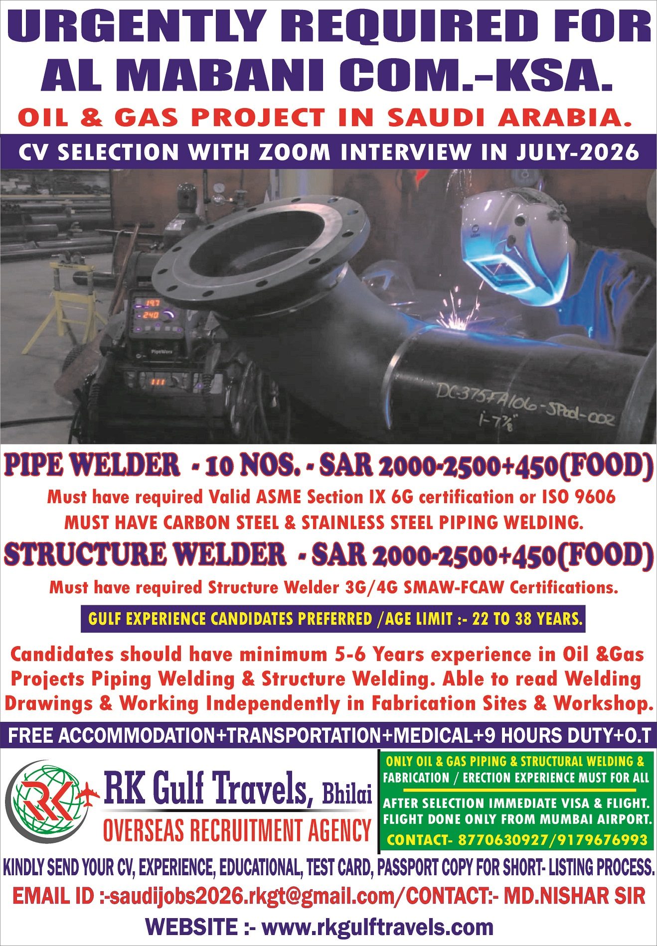 Pipe Welder & Structure Welder Jobs in Saudi Arabia 2026 | Al Mabani Company – Oil & Gas Project